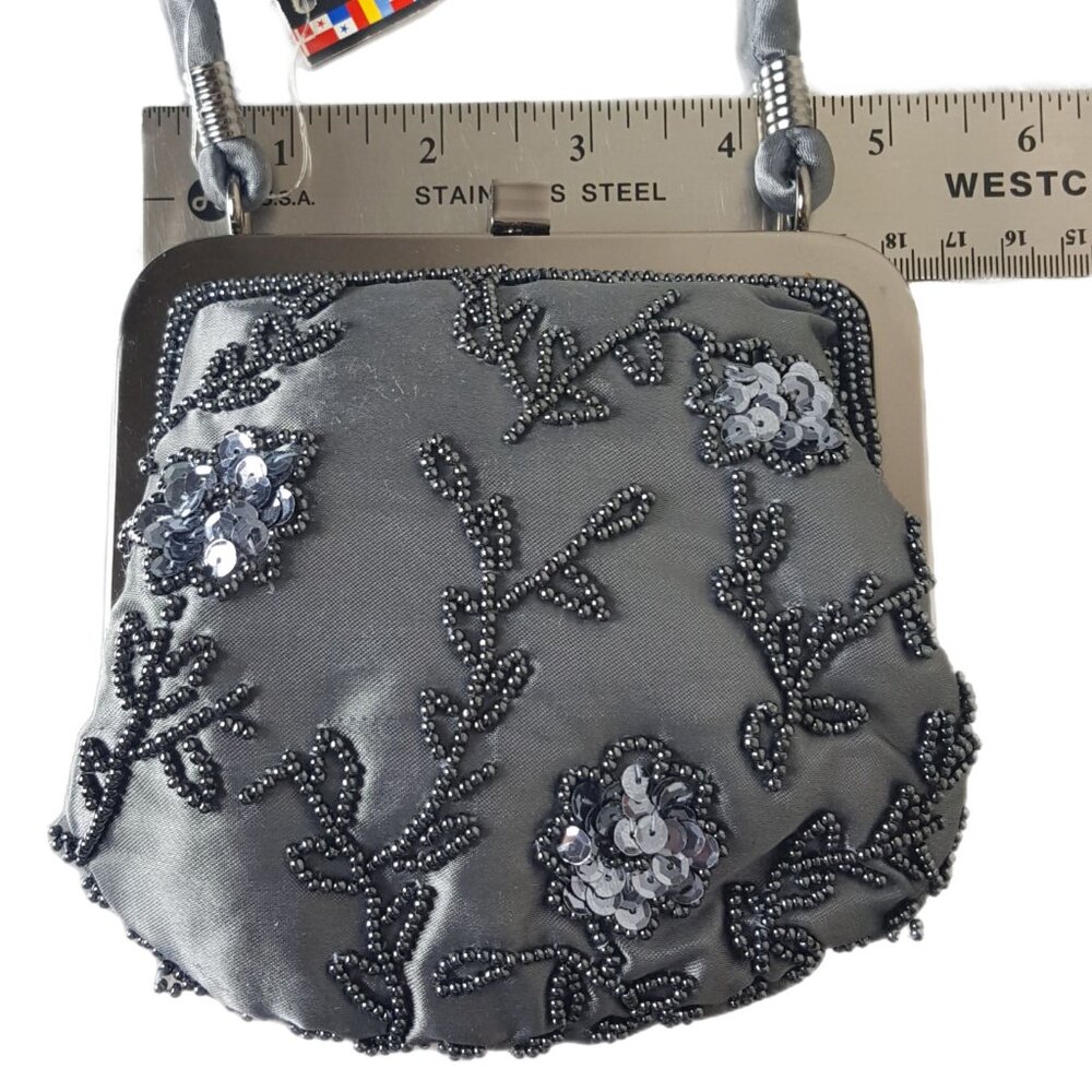 Vintage Y2K Express Beaded Satin Evening Bag NWT Gray Floral Mini Purse - Picture 7 of 9